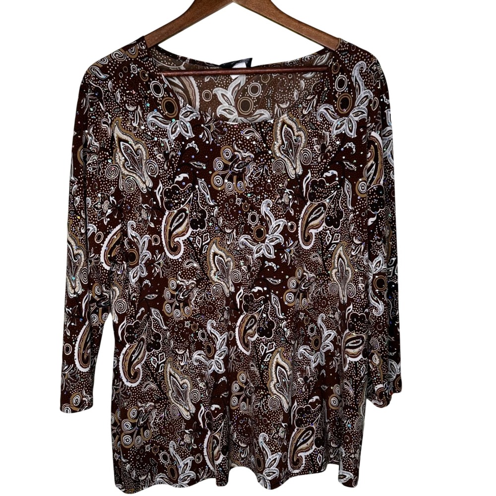 Vintage Brittany Blake Brown Paisley Sequin 3/4 Sleeve Top Plus Size 1X
